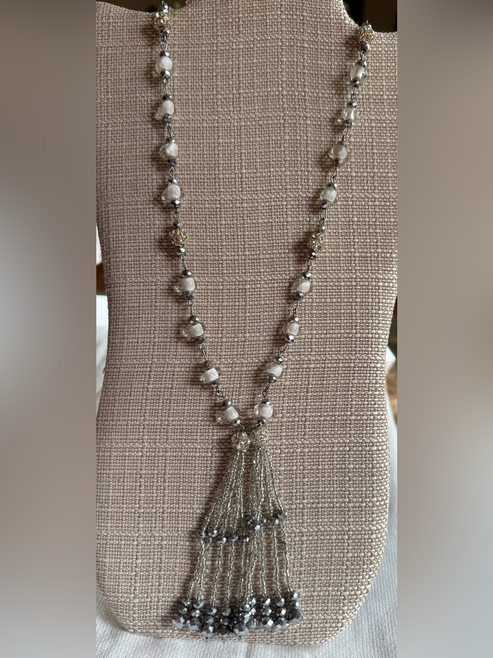 Long Silver Crystal & Beaded Lariat Necklace  Tassel - Women's Jewelry